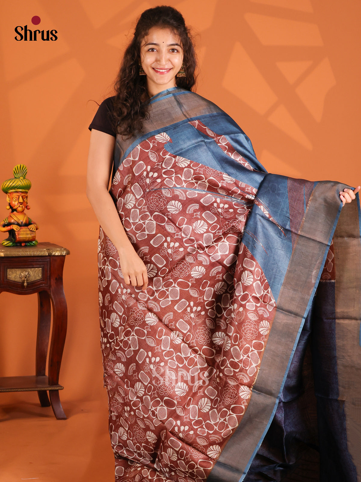Brown & Blue- Tussar Saree - Shop on Shrus.com