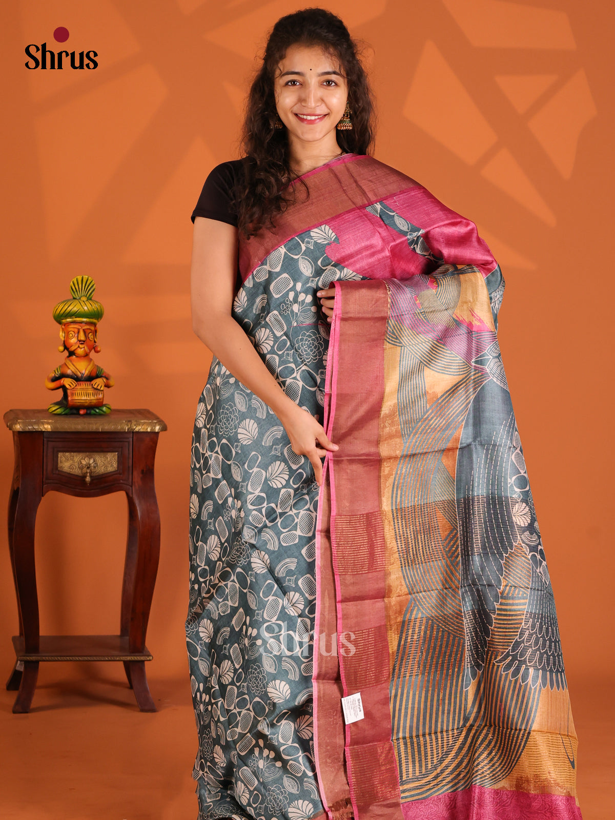 Greenish Grey & Pink - Tussar Saree