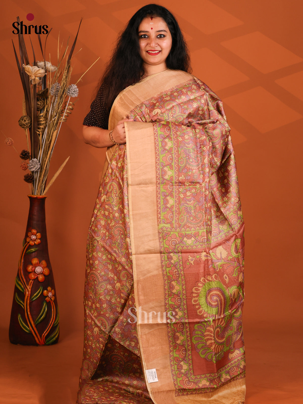 Brown & Peach - Tussar Saree