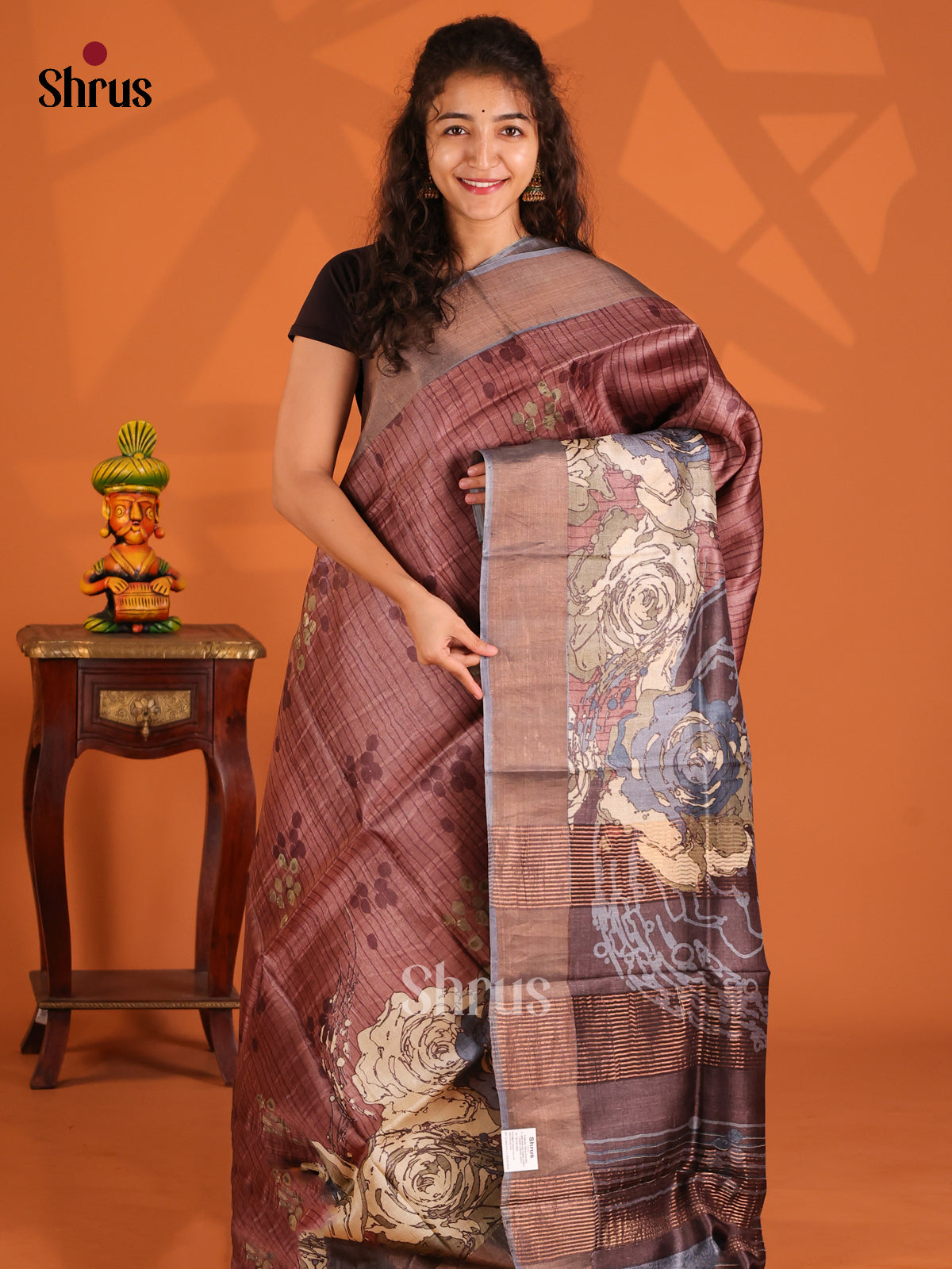 Brown & Grey- Tussar Saree - Shop on Shrus.com