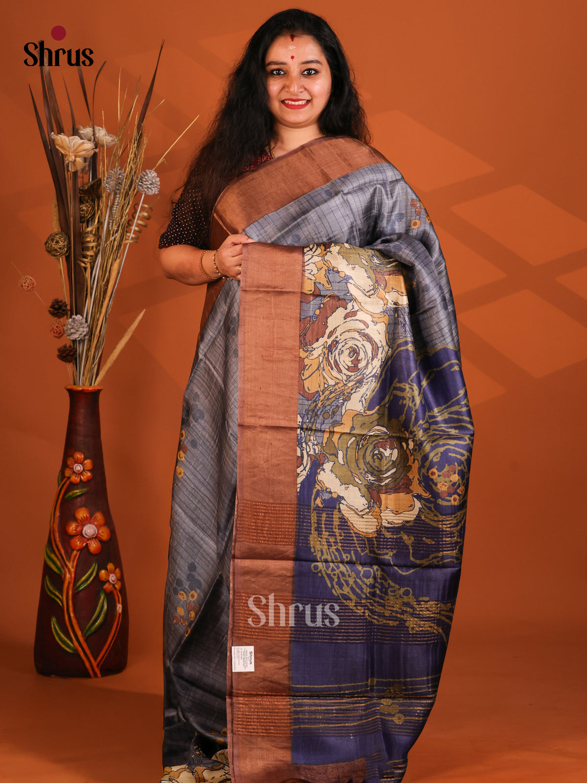 Grey & Brown- Tussar Saree - Shop on Shrus.com