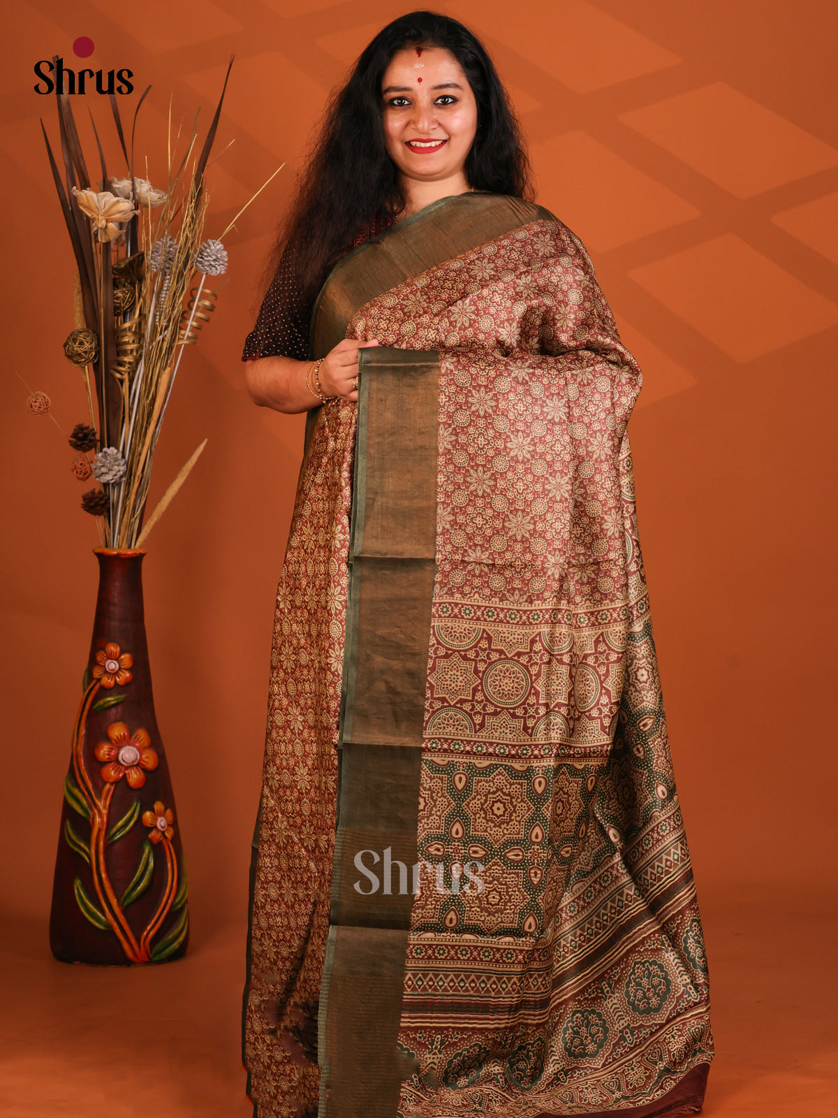 Brown & Grey Green - Tussar Saree - Shop on Shrus.com