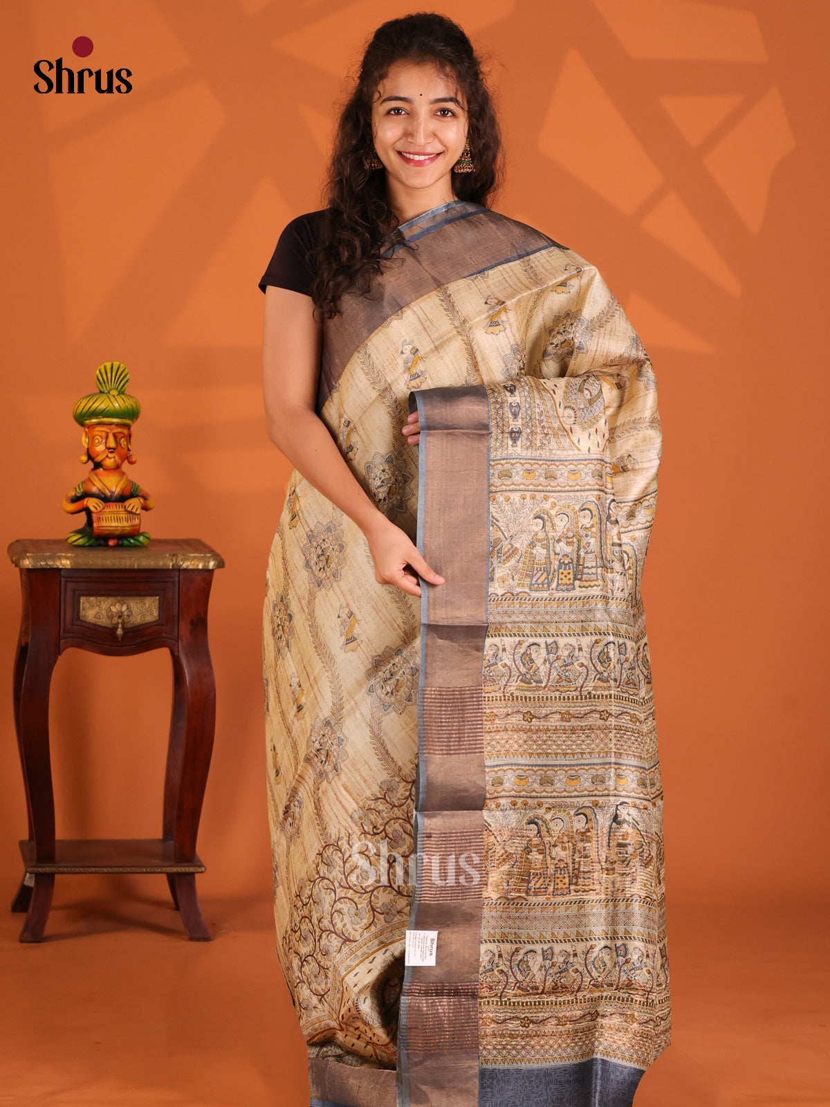Beige & Grey - Tussar Saree - Shop on Shrus.com