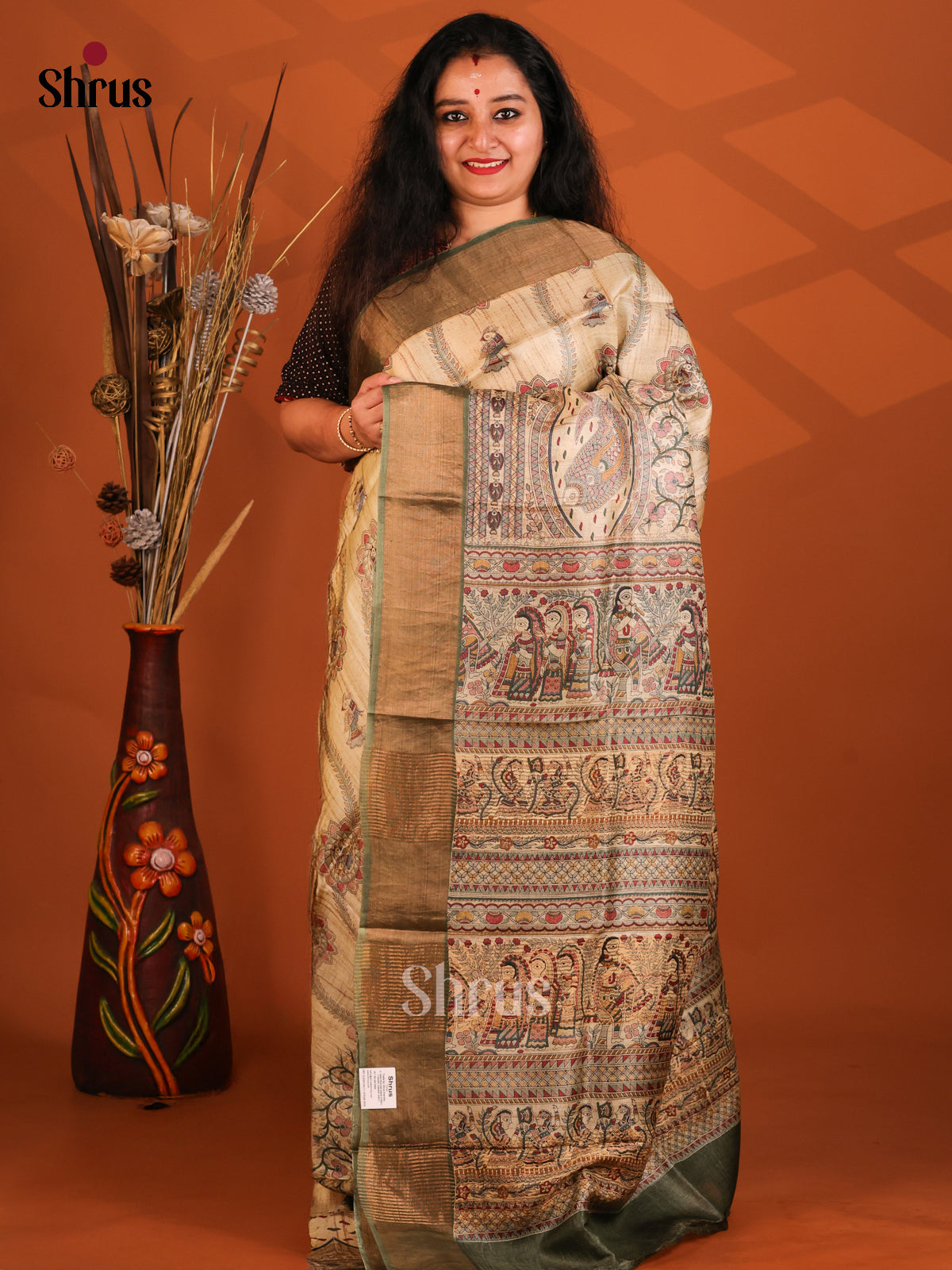 Cream & Green- Tussar Saree - Shop on Shrus.com