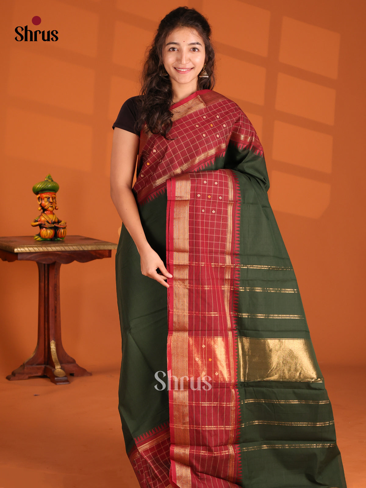 Green & Maroon- Chettinad Cotton Saree - Shop on Shrus.com
