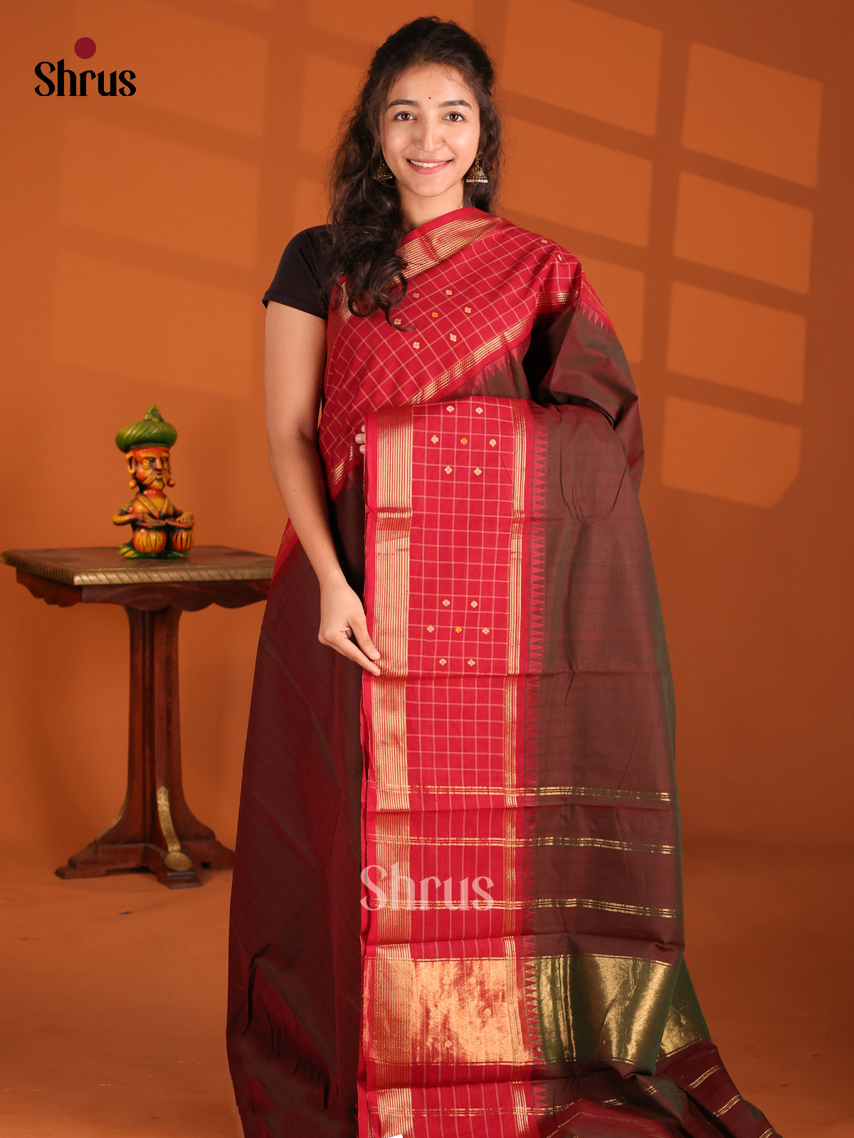 Brown & Red- Chettinad Cotton Saree - Shop on Shrus.com