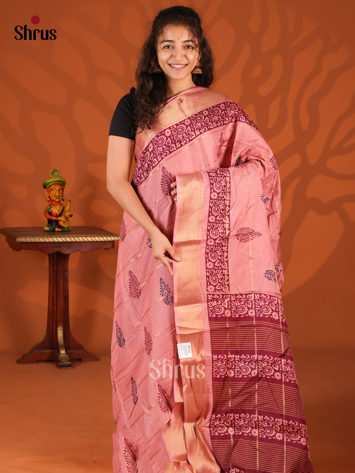 Dusty Pink & Maroon - Semi Crepe Saree - Shop on Shrus.com