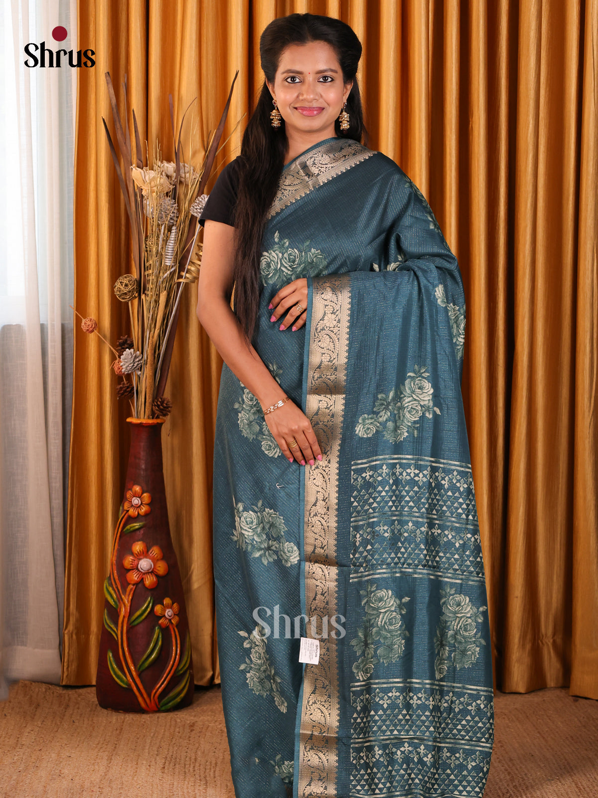 Peacock Blue- Semi Crepe Saree - Shop on Shrus.com