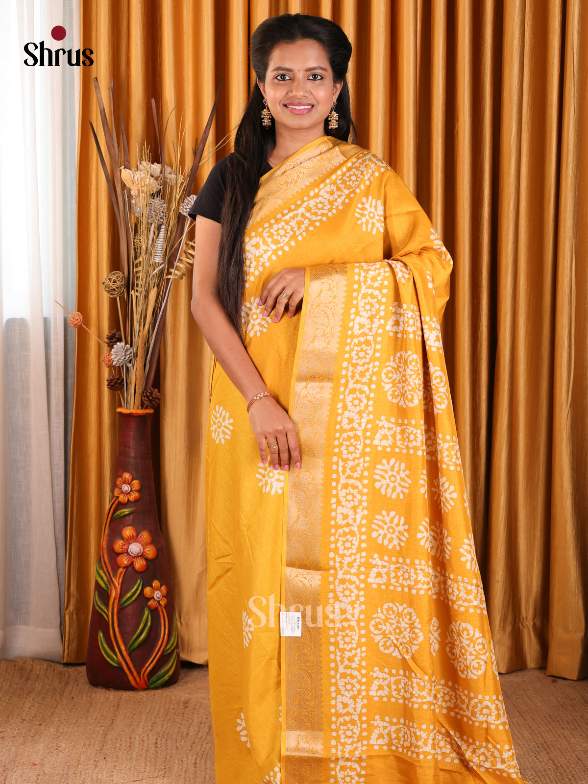 Yellow- Semi Crepe Saree - Shop on Shrus.com