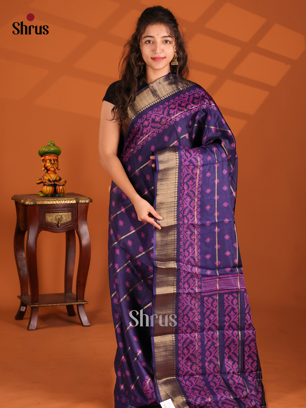 Blue & Purple - Semi Crepe Saree - Shop on Shrus.com