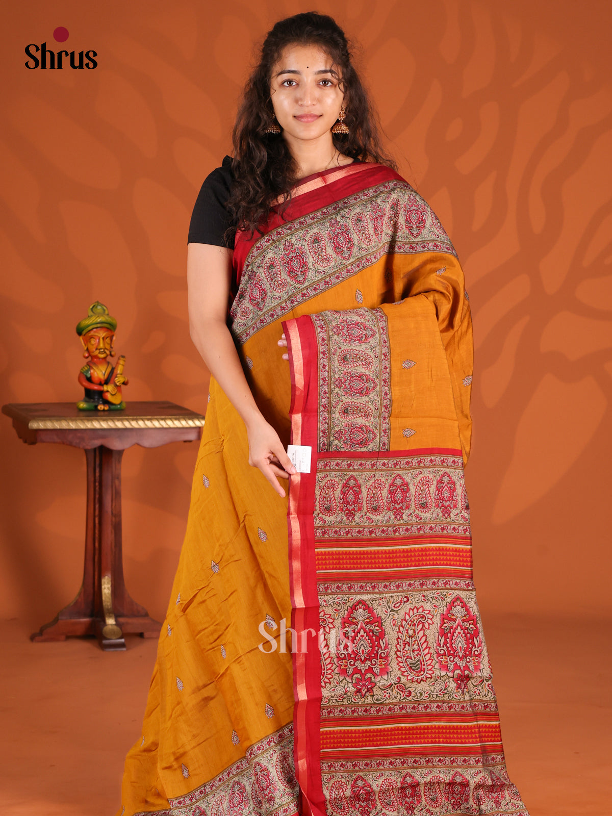 Mustard & Red - Semi Crepe Saree - Shop on Shrus.com