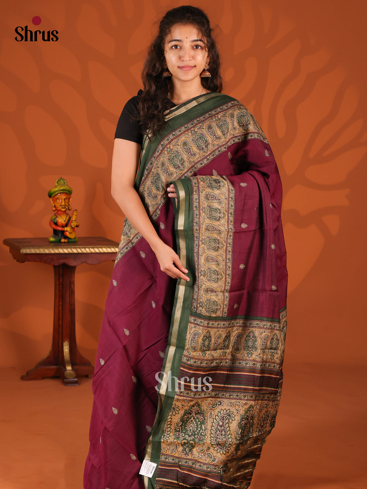 Maroon & Green - Semi Crepe Saree - Shop on Shrus.com