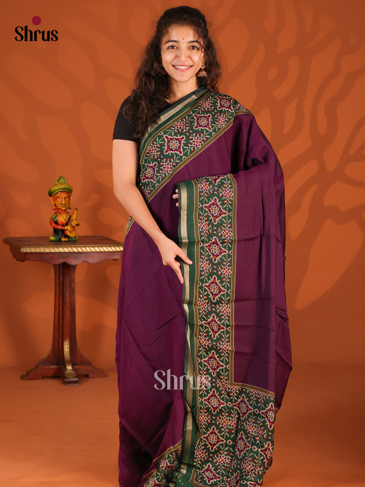 Wine & Green- Semi Crepe Saree - Shop on Shrus.com