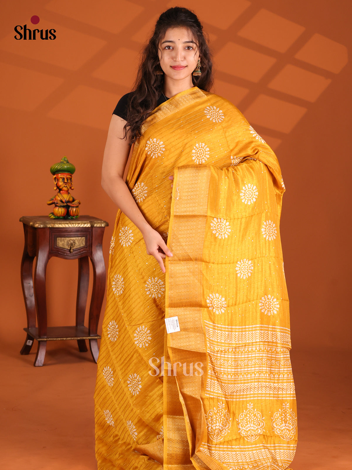 Yellow - Semi Crepe Saree - Shop on Shrus.com