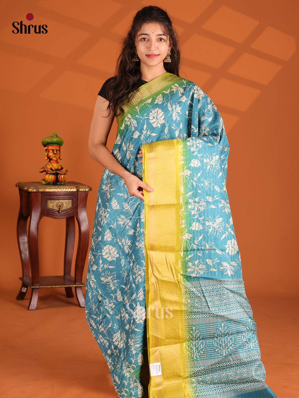 Blue & Yellow - Semi Crepe Saree - Shop on Shrus.com