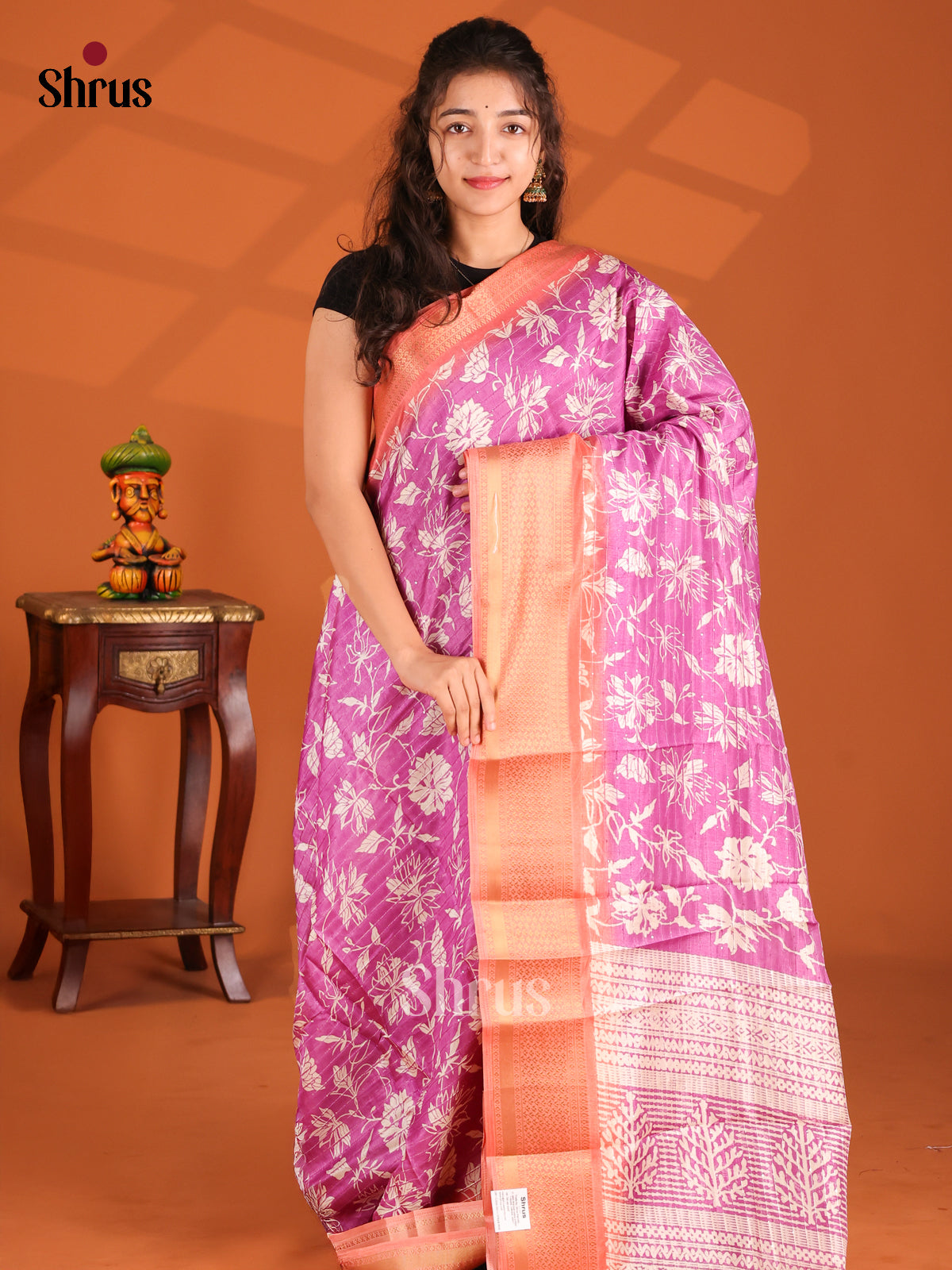 Purple & Orange - Semi Crepe Saree - Shop on Shrus.com