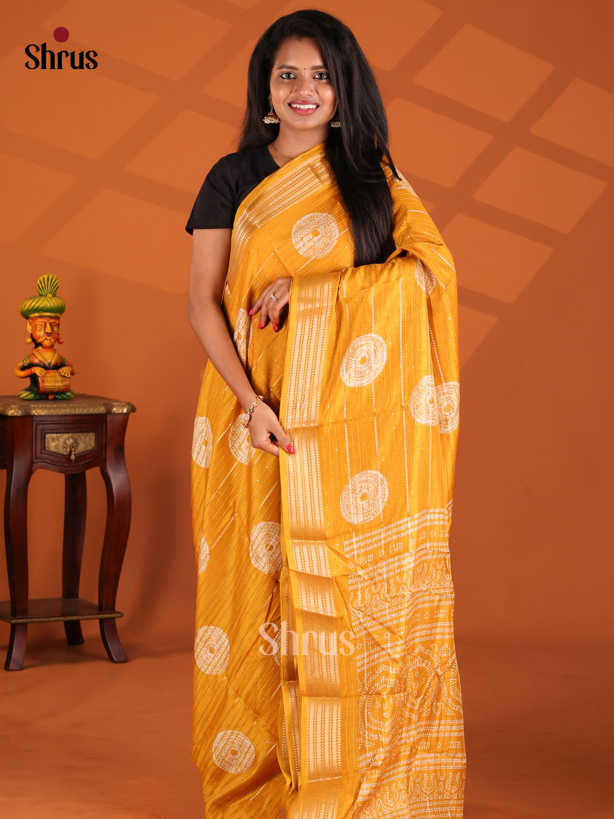Yellow - Semi Crepe Saree - Shop on Shrus.com