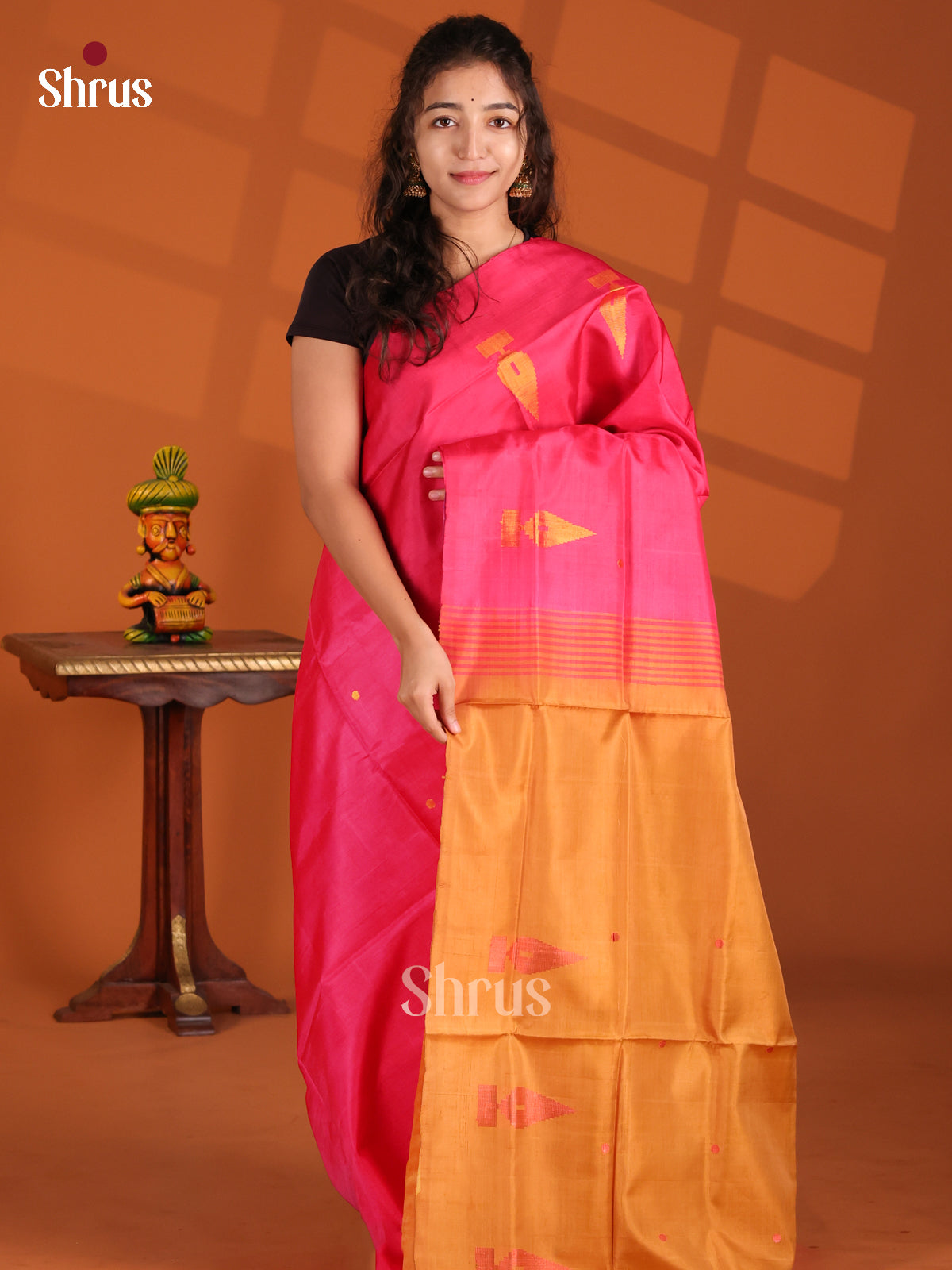 Pink & Orange- Banana Pith Saree - Shop on Shrus.com