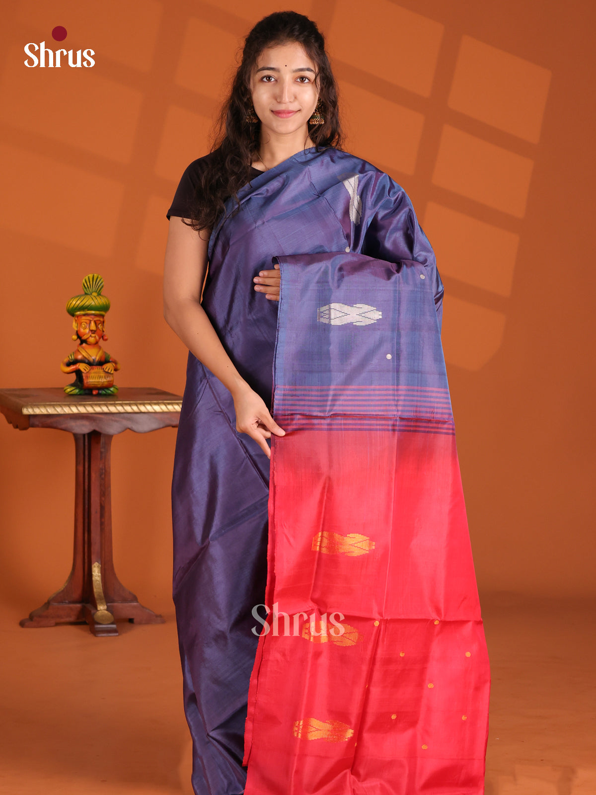 Blue & Red- Banana Pith Saree - Shop on Shrus.com