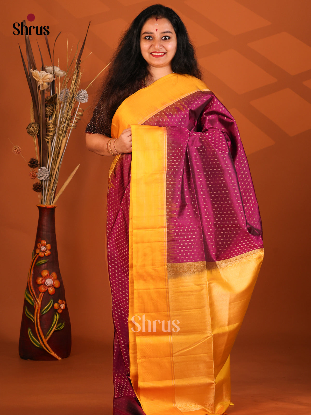 Magenta Soft Silk Saree with Intricate Zari Buttas & Mustard Border-1