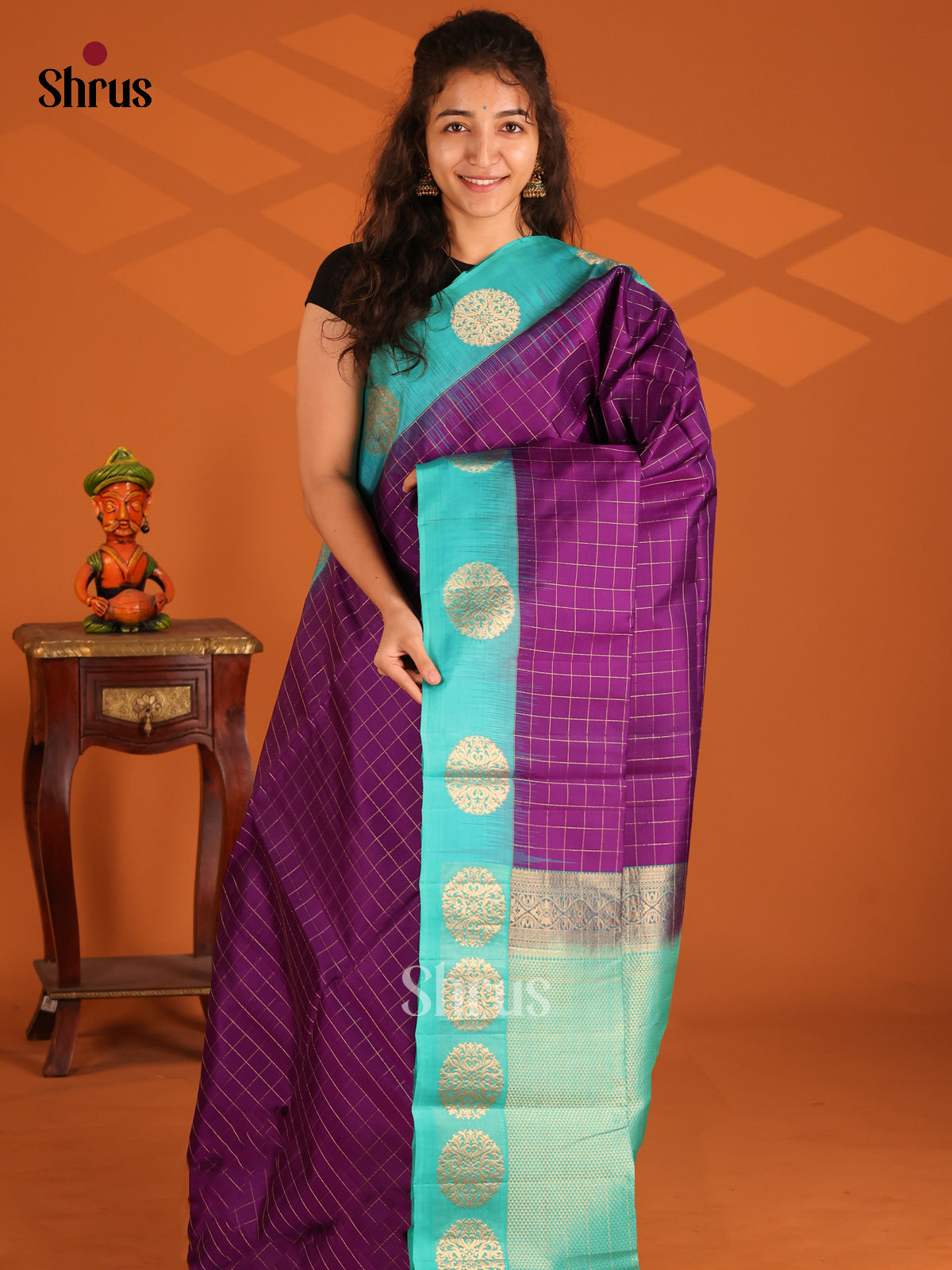 Beautiful Violet Soft Silk Saree with zari checks ,contrast Teal brocade pallu - Shop on Shrus.com