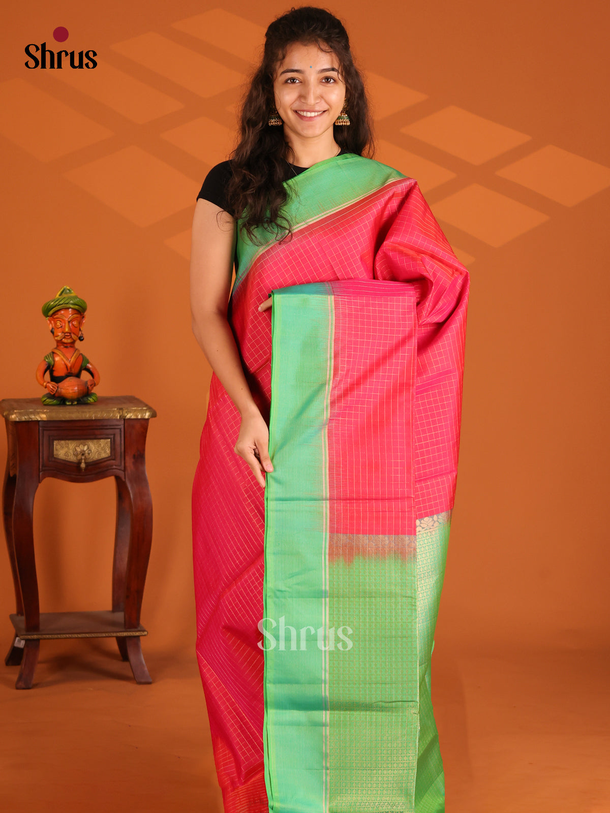 Stunning Red Soft Silk Saree with zari checks & contrast Green brocade pallu-1