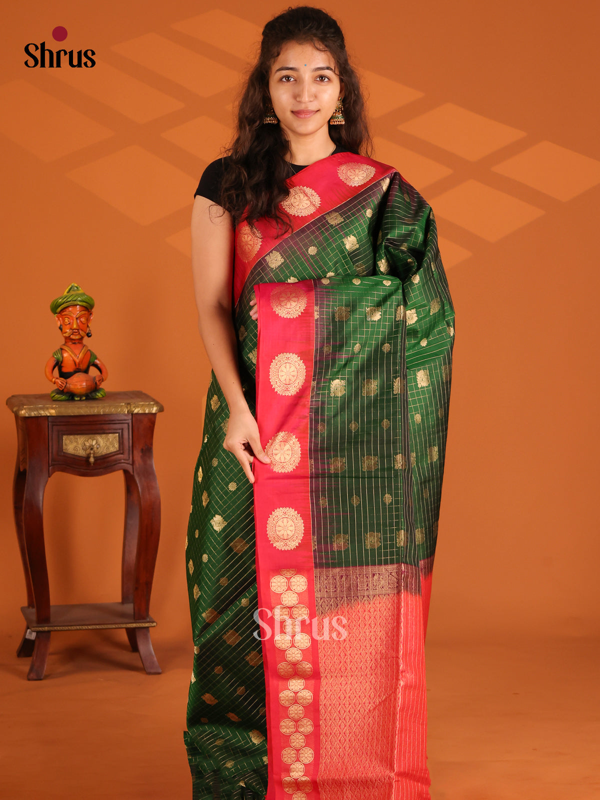 Classic Green Soft Silk Saree with zari checks, peacock buttas ,contrast red brocade pallu - Shop on Shrus.com