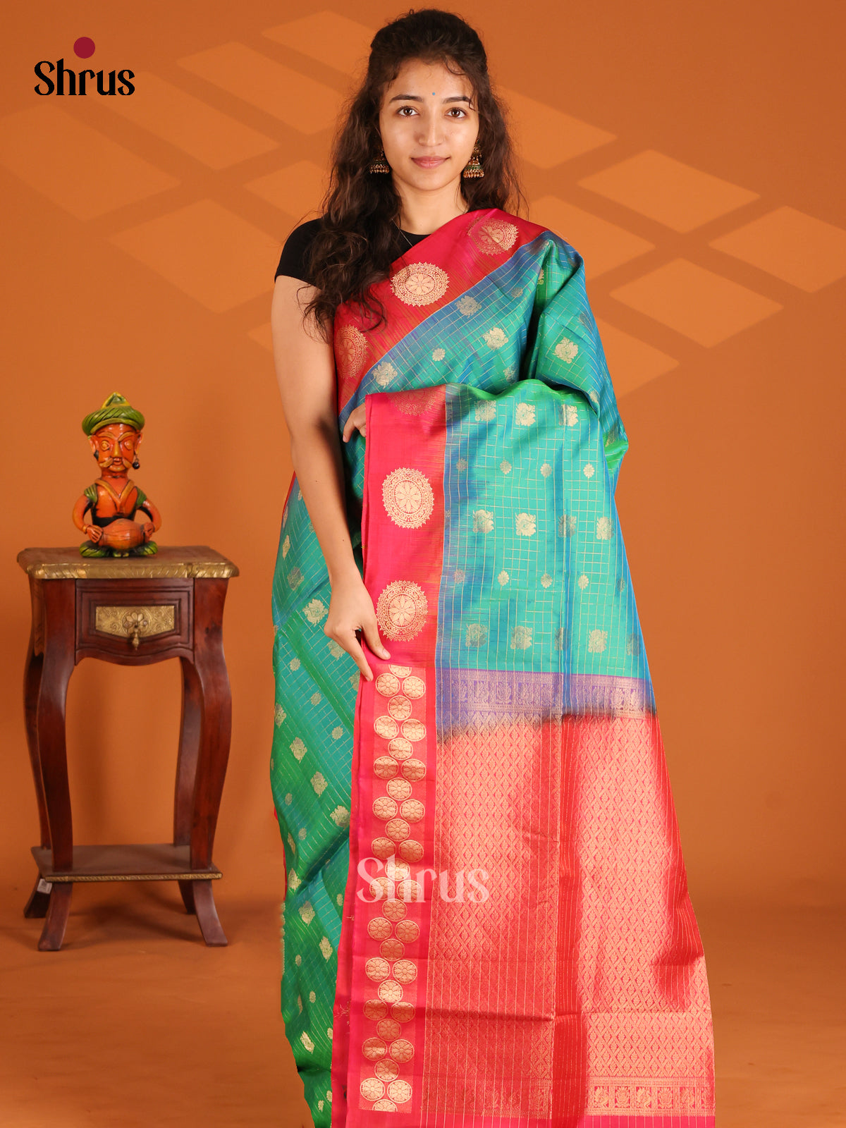Classy Green Soft Silk Saree with zari checks, peacock buttas ,criss cross brocade pallu - Shop on Shrus.com