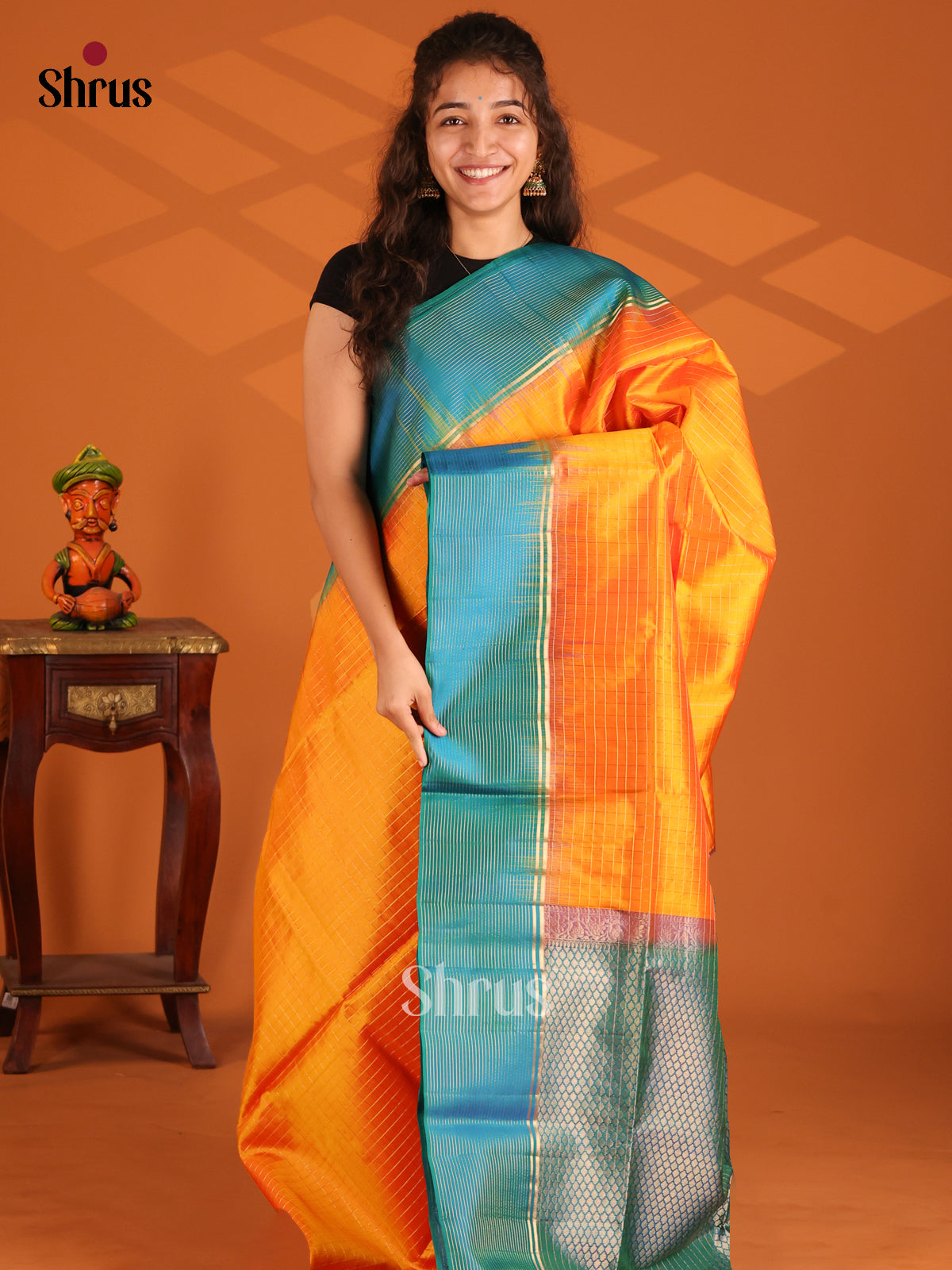 Sizzling Orange Soft Silk Saree with gold zari checks , contrast blue pallu - Shop on Shrus.com