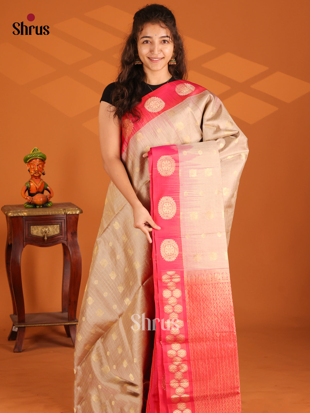 Gorgeous Beige Soft Silk Saree with zari checks, peacock buttas ,contrast red brocade pallu - Shop on Shrus.com