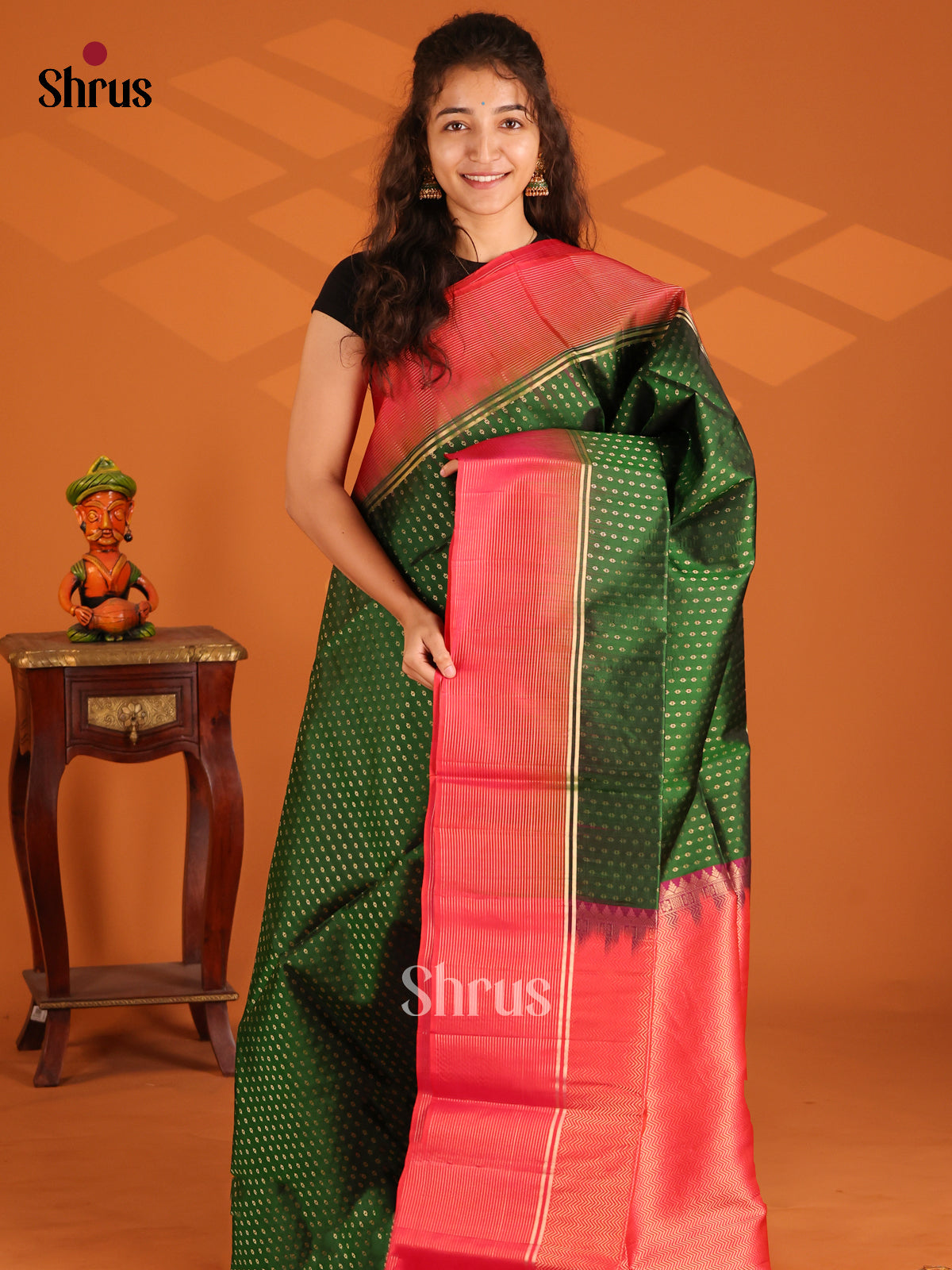 Beautiful Green Soft Silk Saree with gold zari dotted buttas , contrast maroon pallu - Shop on Shrus.com