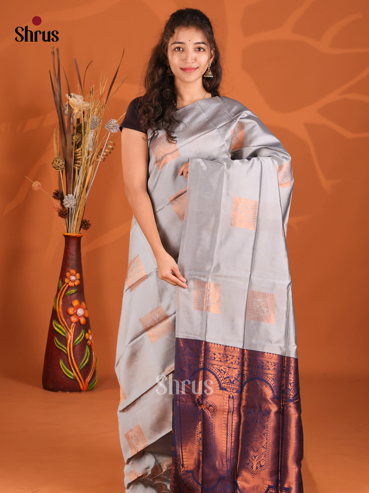 Grey & Blue - Semi Softsilk Saree - Shop on Shrus.com