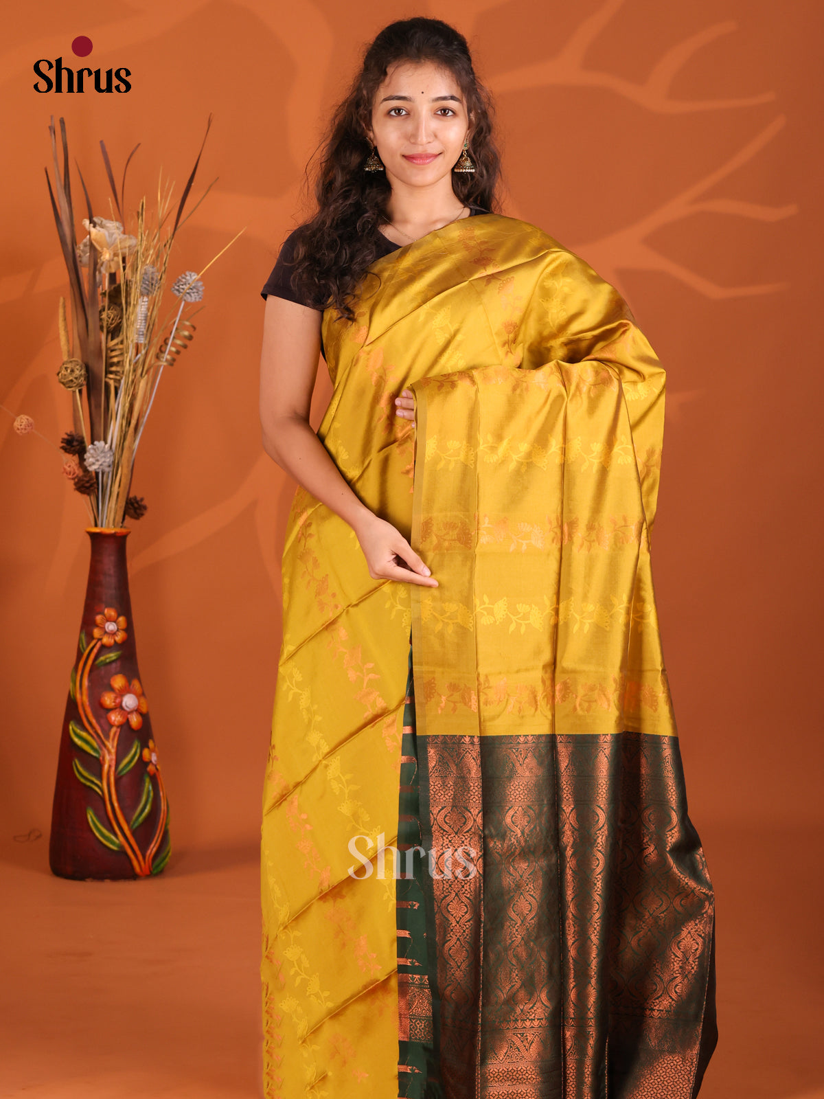 Mustardy Green & Green- Semi Softsilk Saree - Shop on Shrus.com