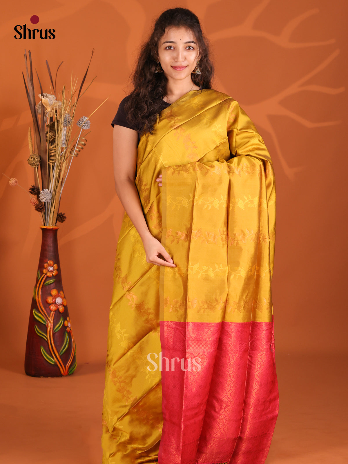 Mustardy Green & MAroon- Semi Softsilk Saree - Shop on Shrus.com