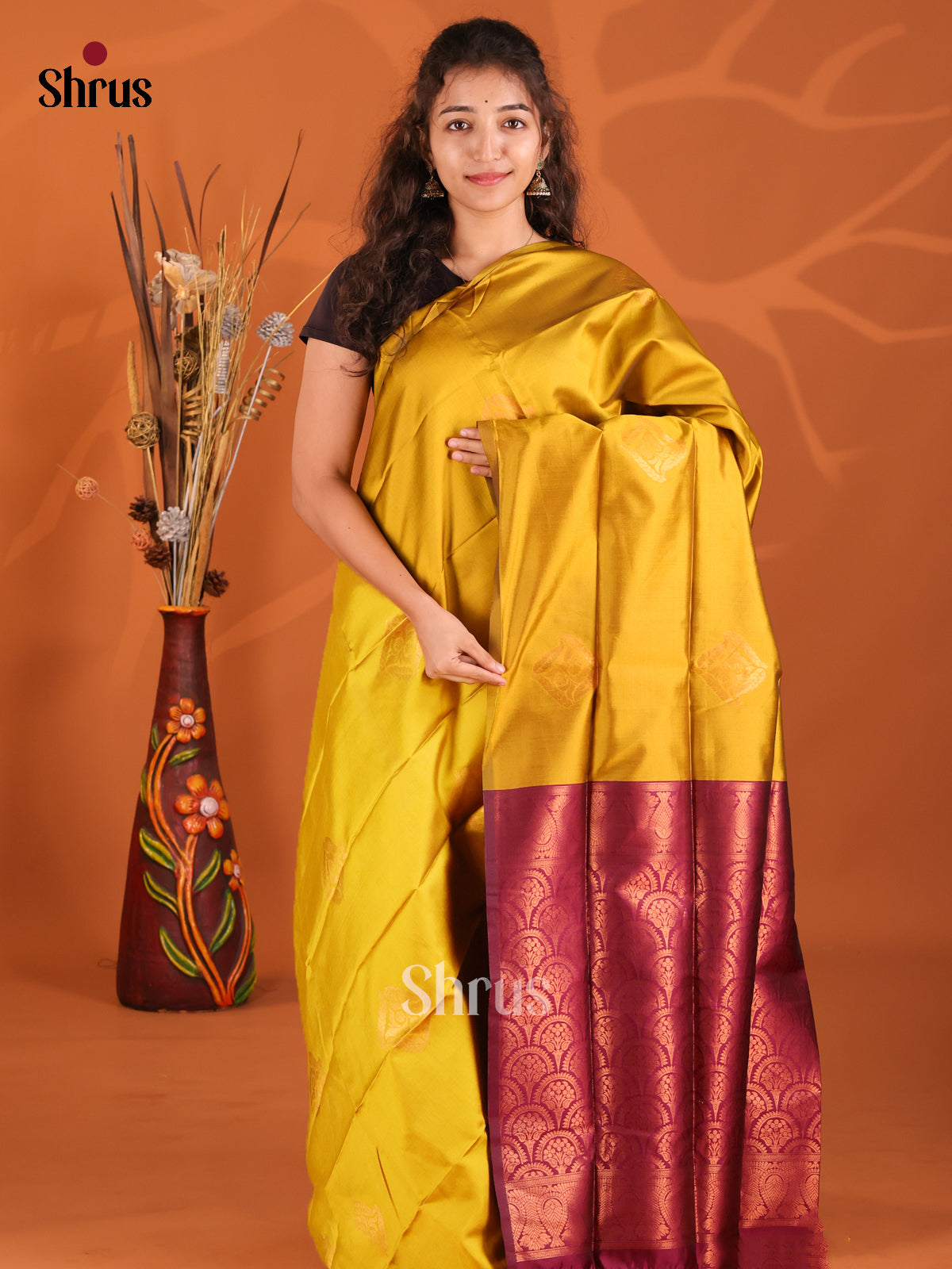 Mustardy Green & Maroon - Semi Softsilk Saree - Shop on Shrus.com
