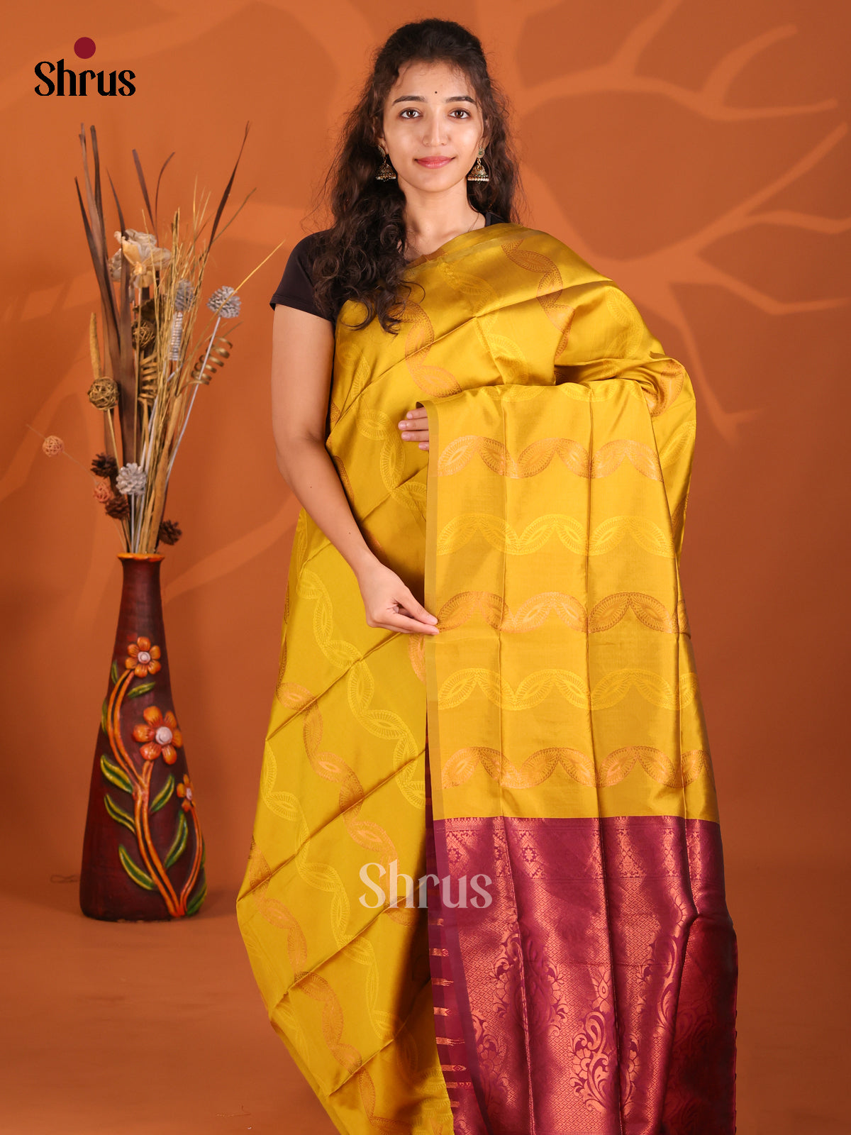 Mustardy Green & Maroon - Semi Softsilk Saree - Shop on Shrus.com