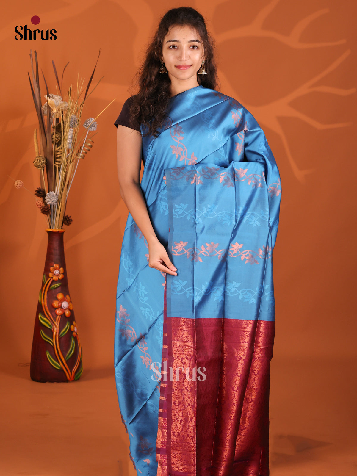 Blue & Maroon - Semi Softsilk Saree - Shop on Shrus.com