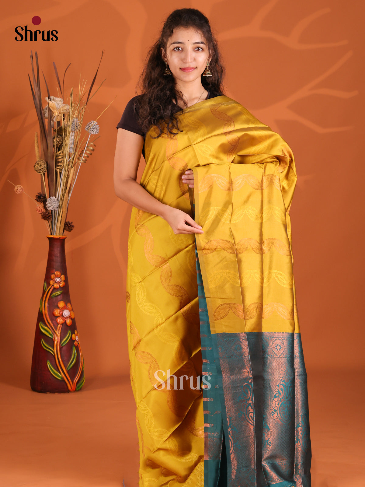 Mustardy Green & Blue - Semi Softsilk Saree - Shop on Shrus.com