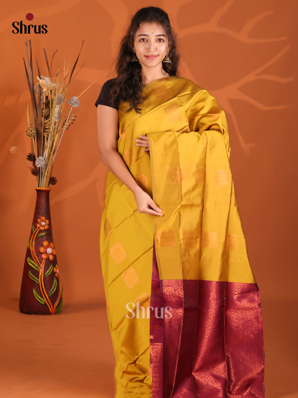 Mustardy Green & Maroon - Semi Softsilk Saree - Shop on Shrus.com