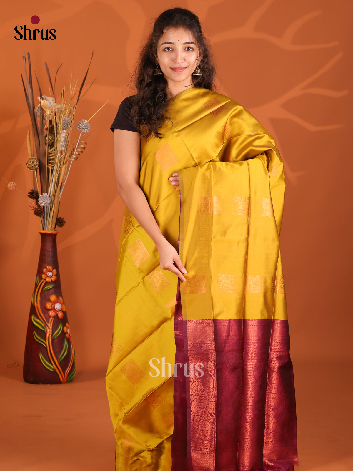 Mustardy Green & Maroon - Semi Softsilk Saree - Shop on Shrus.com