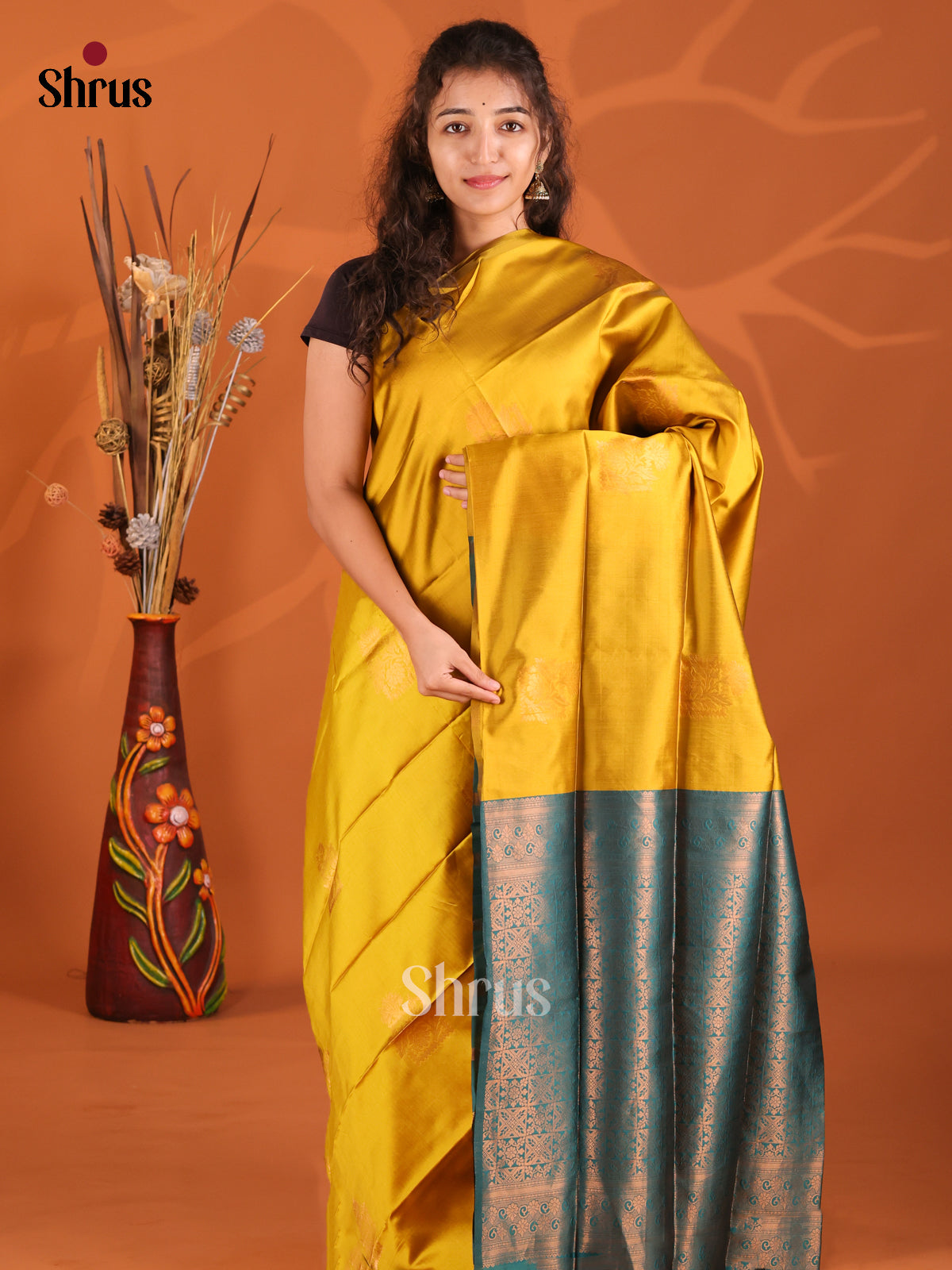 Mustardy Green & Blue- Semi Softsilk Saree - Shop on Shrus.com