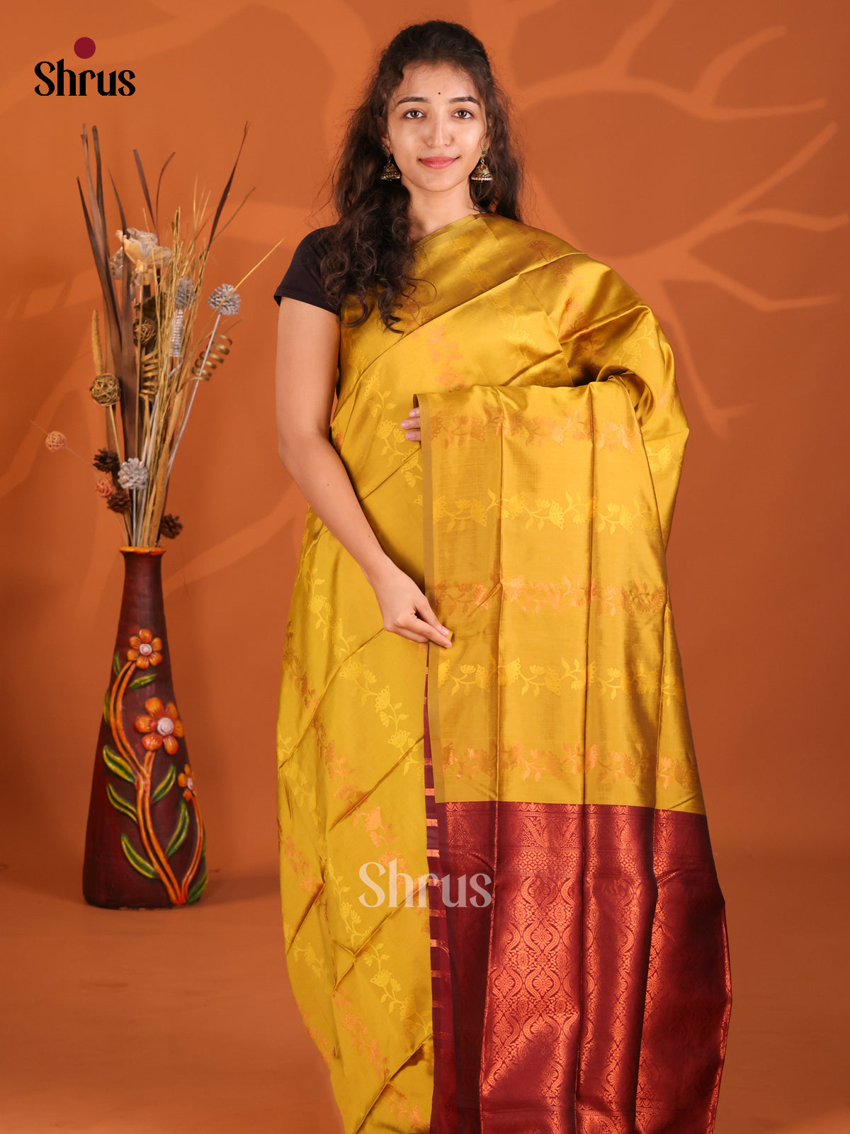 Mustardy Green & Maroon- Semi Softsilk Saree - Shop on Shrus.com