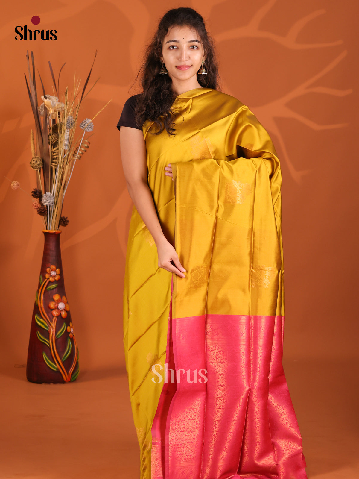 Mustard & Pink- Semi Softsilk Saree - Shop on Shrus.com