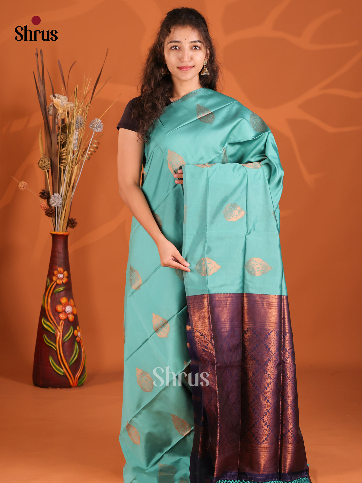 Teal & Blue - Semi Softsilk Saree - Shop on Shrus.com