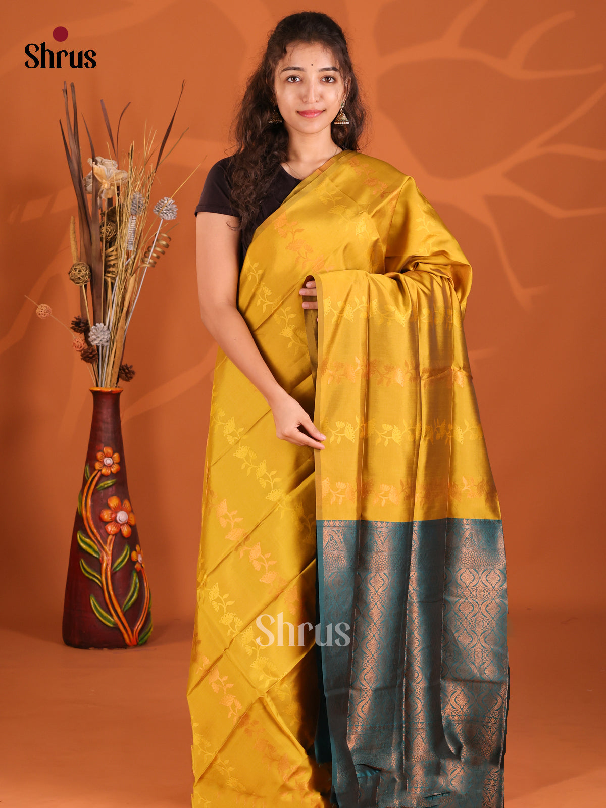 Mustardy green & Blue - Semi Softsilk Saree - Shop on Shrus.com