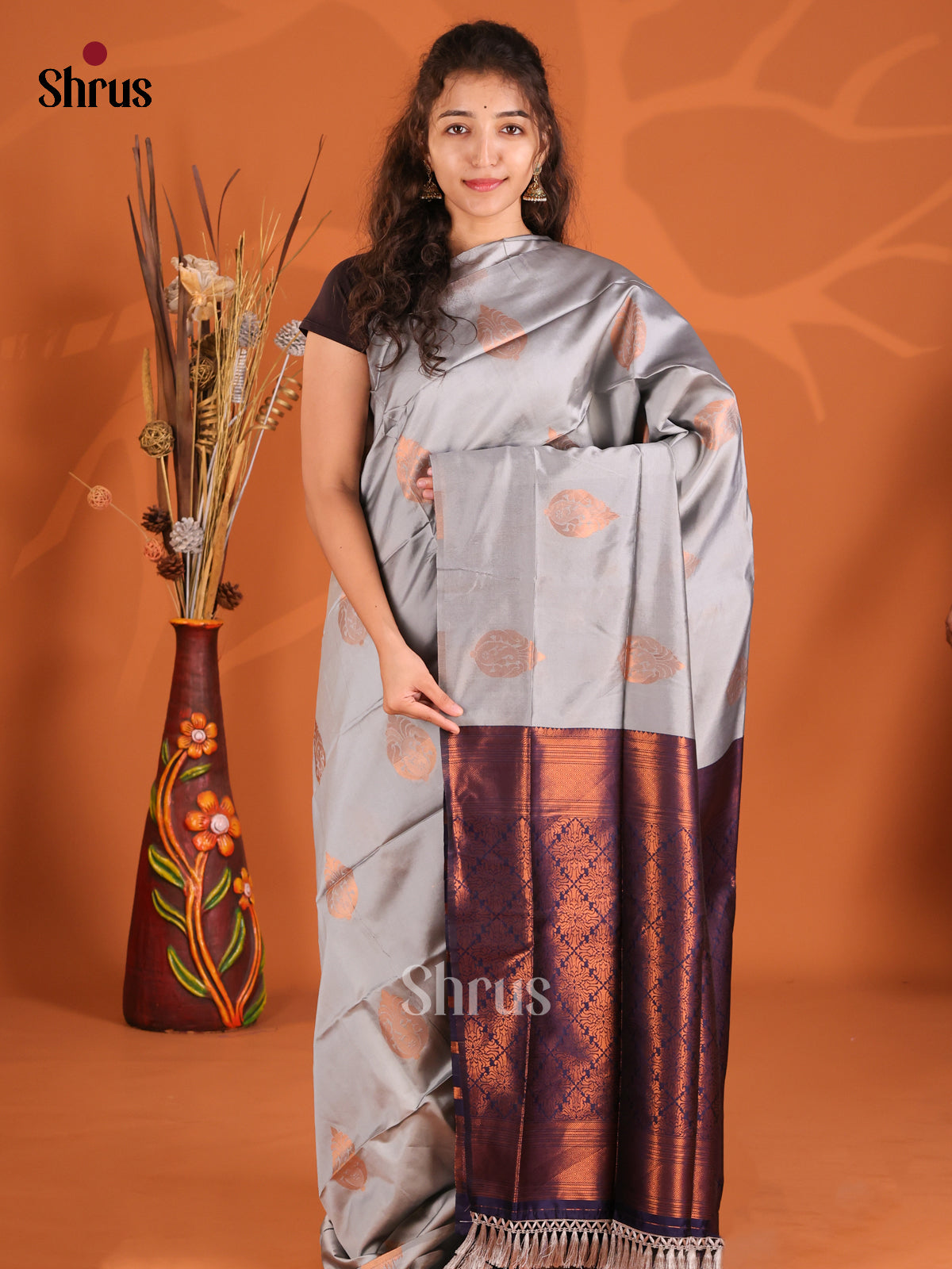 Grey & Blue- Semi Softsilk Saree - Shop on Shrus.com