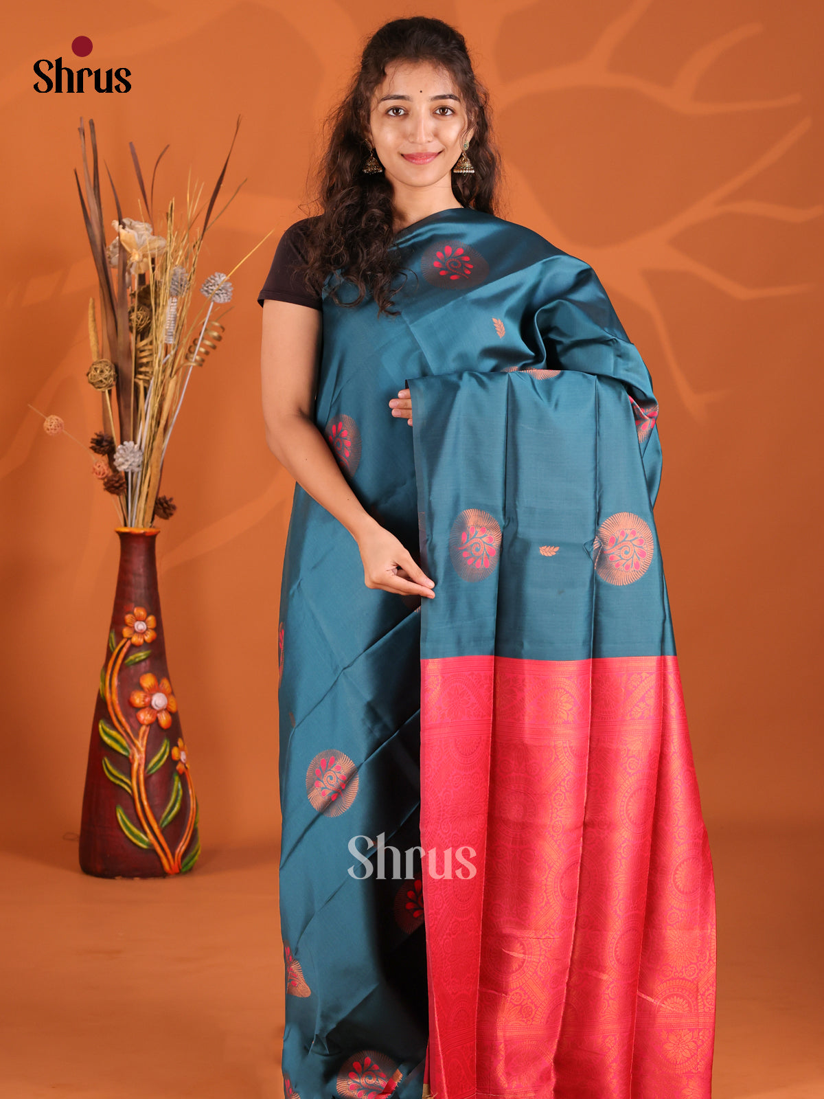 Blue & Maroon - Semi Softsilk Saree - Shop on Shrus.com