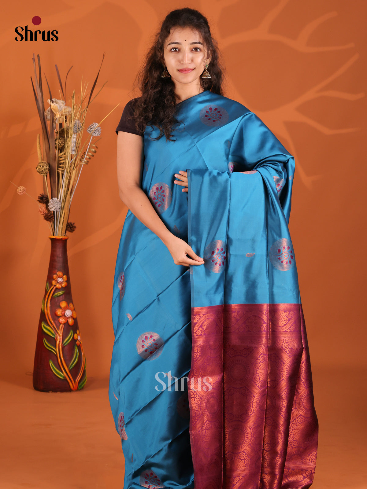 Blue & Maroon - Semi Softsilk Saree - Shop on Shrus.com