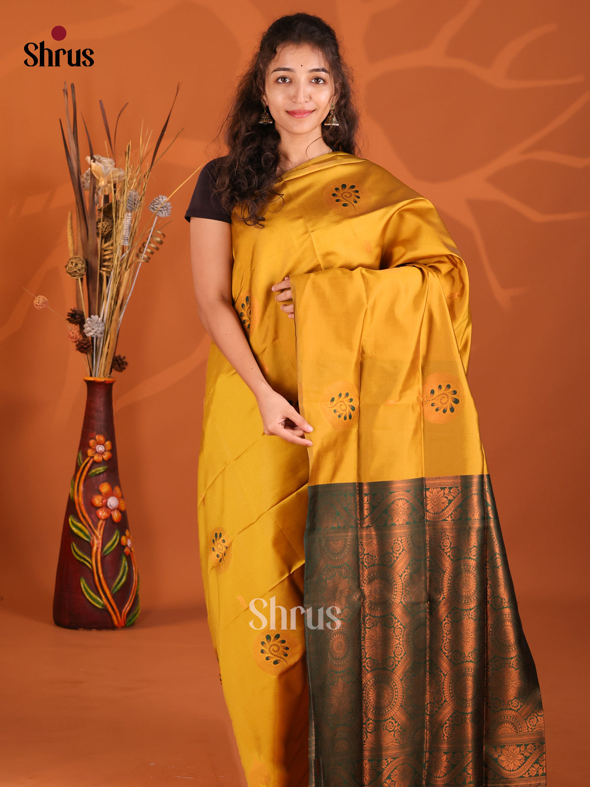 Mustardy Green & Green - Semi Softsilk Saree - Shop on Shrus.com