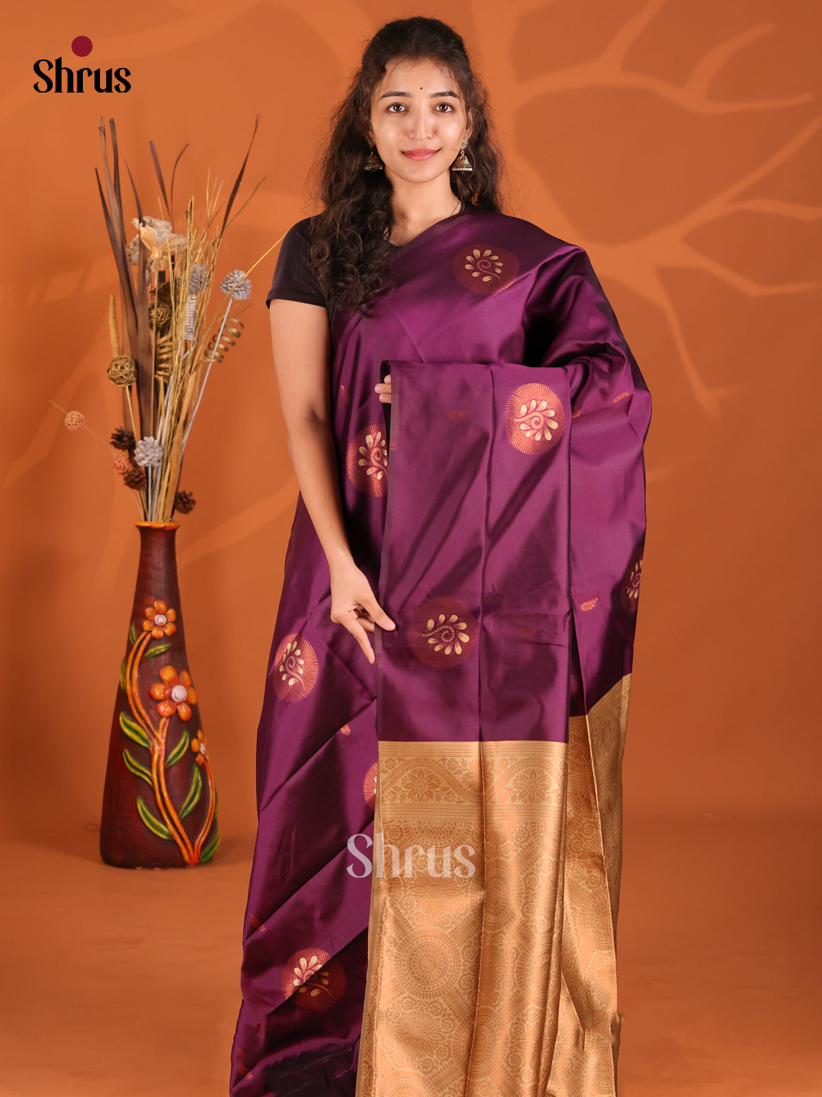 Purple & Gold- Semi Softsilk Saree - Shop on Shrus.com